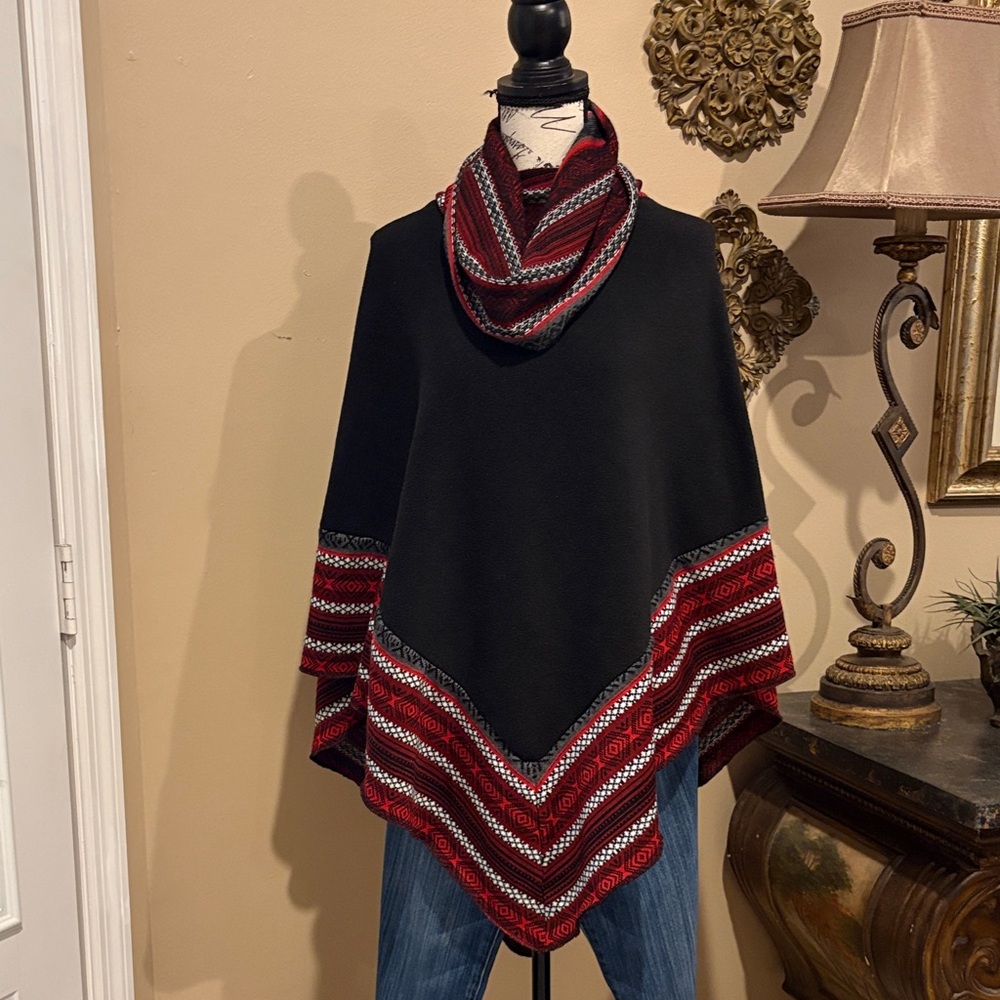 Le Moda Poncho Cowl Neck Black Body Red Patterned neck and bottom OS